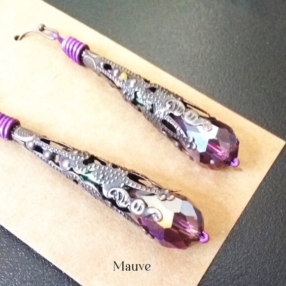 Extra Long & Lightweight! Sexy Copper Filigree & Mauve/Violet Dangle Earrings! - Picture 1 of 7